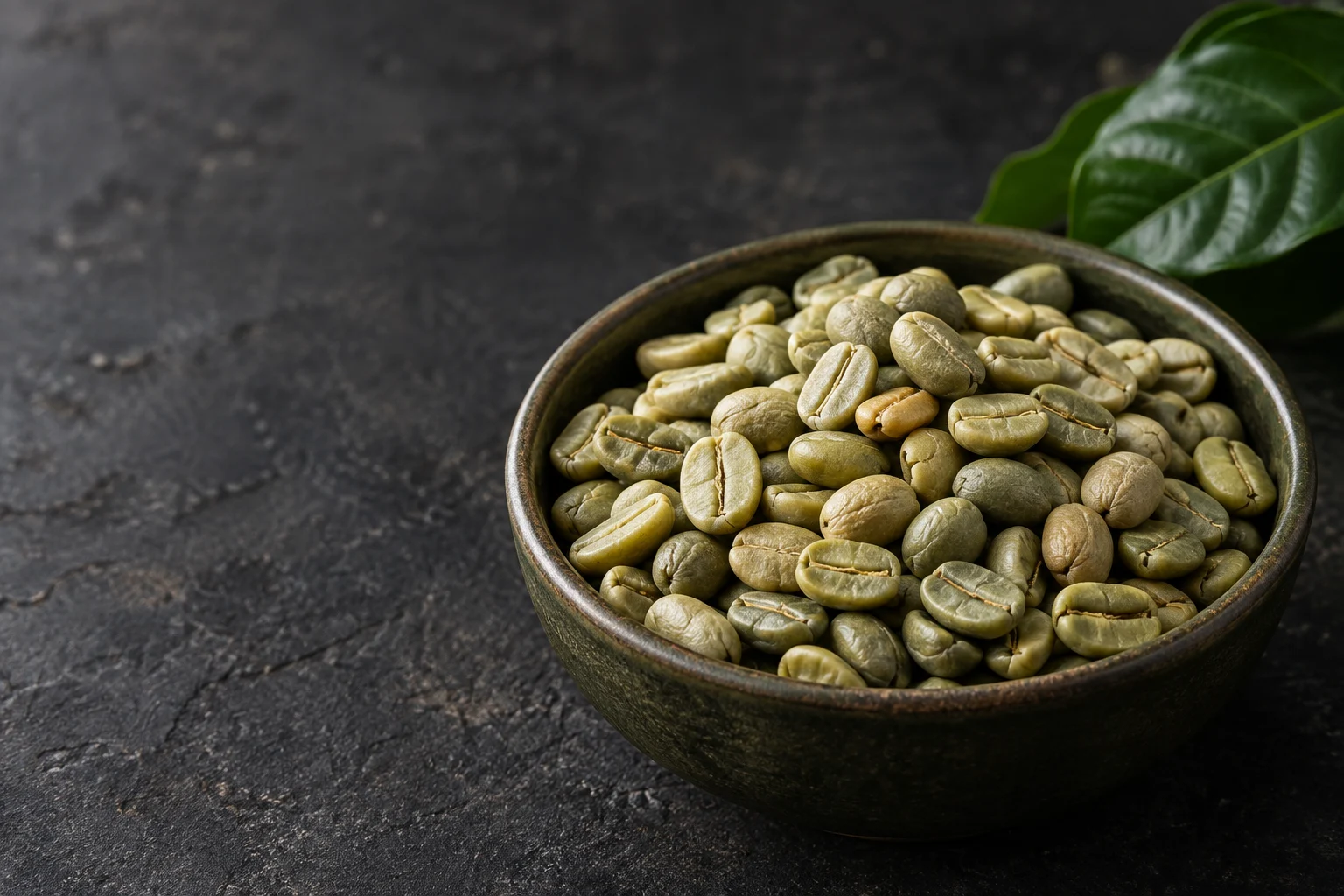 Unroasted green coffee beans in a dark ceramic bowl